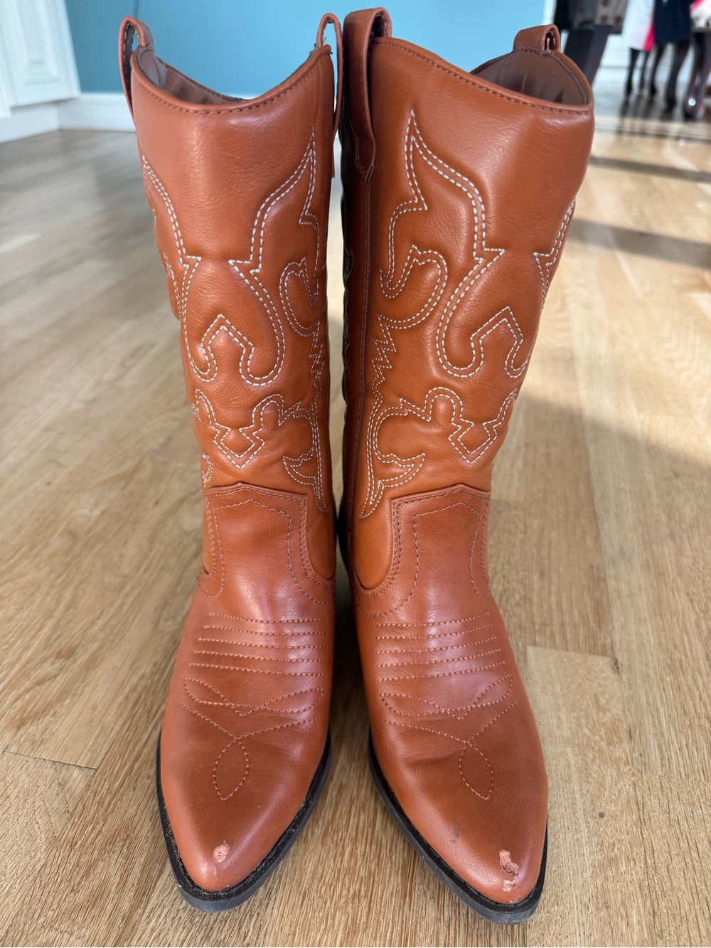 Soda Tan Western-Style Knee Boots with Stitch Detail